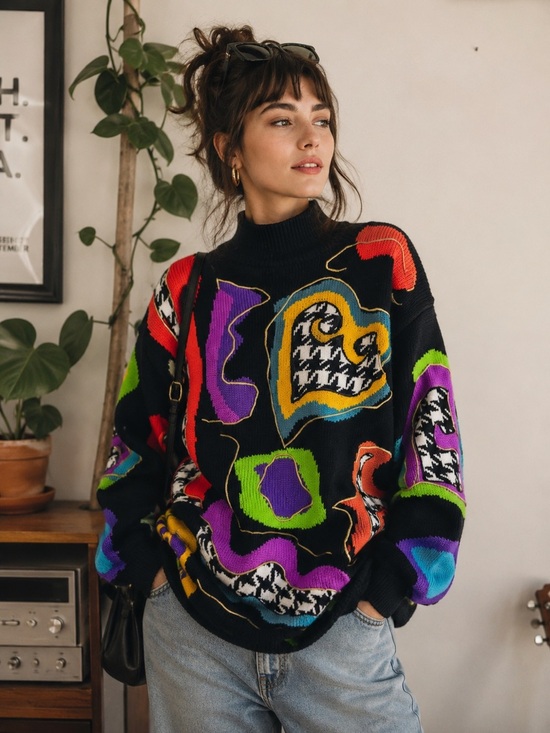 Vintage Sweaters - Vintage 1990s DIFFUSION Abstract Patchwork Sweater | Neon Colourblock | Size M